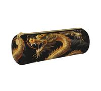 Grande trousse à crayons ronde en cuir imprimé dragon jaune fond noir pour hommes, femmes, adolescents, étudiants, blanc, Taille unique, Cartable