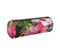 Grande trousse à crayons ronde en cuir imprimé fleurs d'hibiscus pour hommes, femmes, adolescents, étudiants, blanc, Taille unique, Cartable