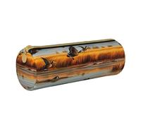 Grande trousse à crayons ronde en cuir imprimé Hunting Flying Wild Duck 5 pour hommes, femmes, adolescents, étudiants, blanc, Taille unique, Cartable