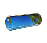 Grande trousse à crayons ronde en cuir imprimé palmiers et mer transparente pour hommes, femmes, adolescents, étudiants, blanc, Taille unique, Cartable