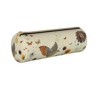 Grande trousse à crayons ronde en cuir imprimé poule avec papillons volants parmi fleur pour hommes, femmes, adolescents, étudiants, blanc, Taille unique, Cartable