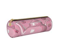 Grande trousse à crayons ronde en cuir imprimé théière rose pour hommes, femmes, adolescents, étudiants, blanc, Taille unique, Cartable