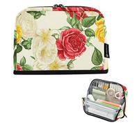 Grande trousse à crayons vintage avec fermeture éclair Motif fleurs rouges et blanches