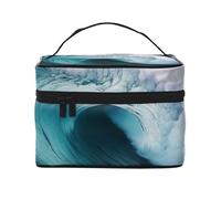 Grande trousse de maquillage avec impression HD vague de mer pour femme - Trousse de maquillage portable de voyage avec pochette intérieure et poignée
