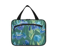 Grande trousse de maquillage de voyage à suspendre avec crochet - Motif fleurs d'iris bleues - Organisateur de cosmétiques portable pour voyage - Pour femme - Taille L