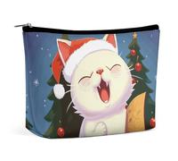Grande trousse de maquillage de voyage étanche pour femme avec motif de chat mignon chantant des chants de Noël - Trousse de maquillage portable - Jolie pochette à fermeture éclair - Trousse de