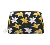 Grande trousse de maquillage de voyage - Trousse de maquillage portable en cuir PVC avec fermeture éclair et fleurs de lys blancs et jaunes pour femme