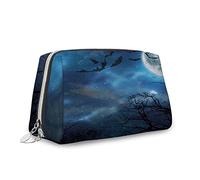 Grande trousse de maquillage en cuir avec fermeture éclair, chauve-souris volant dans le ciel nocturne et lune, organisateur de cosmétiques de voyage pour femmes, bleu noir, M, Bleu Noir_1, Taille