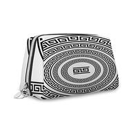 Grande trousse de maquillage en cuir sur le thème grec, bordure traditionnelle carrée et cercles, trousse de maquillage de voyage portable polyvalente avec fermeture éclair pour femme, noir et blanc,