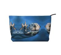 Grande trousse de maquillage en velours côtelé avec ouverture large Motif loutre de mer, Noir , Taille unique