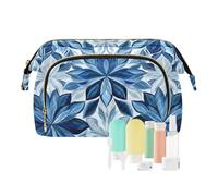 Grande trousse de maquillage étanche avec motifs de feuilles et de fleurs - Pour articles de toilette et de voyage - Bleu et gris
