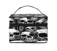 Grande trousse de maquillage imperméable avec 4 sangles élastiques et compartiments, tissu sergé de qualité supérieure, motif tête de mort humain noir et blanc, Noir , Taille unique