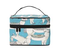 Grande trousse de maquillage imperméable avec 4 sangles élastiques et compartiments, tissu sergé de qualité supérieure - Motif lama mignon - Pour voyage et salle de sport, Noir , Taille unique