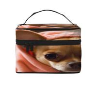 Grande trousse de maquillage imperméable avec 4 sangles élastiques et compartiments, tissu sergé de qualité supérieure Motif Chihuahua déprimé, Noir , Taille unique