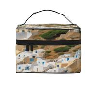 Grande trousse de maquillage imperméable avec impression d'architecture grecque pour voyage et salle de sport, organiseur de maquillage avec 4 sangles élastiques et compartiments, tissu sergé de