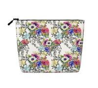 Grande trousse de maquillage portable en chanvre avec fleurs sauvages, oiseaux, feuilles, branches et fleurs sauvages, résistante à l'eau, trousse de toilette de voyage