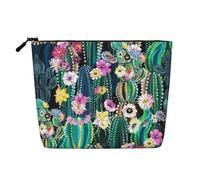 Grande trousse de maquillage portable en forme de cactus en fleurs - Faux chanvre - Résistante à l'eau - Trousse de toilette de voyage