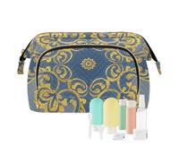 Grande trousse de maquillage portable rétro tendance motif cachemire floral doré bleu pour femme pour articles personnels organisateur bolsas para monedas de mujer, Rétro Mode Fleur Cachemire Or Bleu