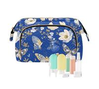 Grande trousse de maquillage pour femme Motif papillons et fleurs Bleu et blanc