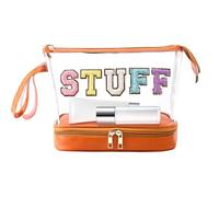 Grande trousse de maquillage transparente - Organiseur de maquillage transparent multicouche - Sac à boulettes brodé imperméable avec lettres pour l'organisation du maquillage, marron, Voir
