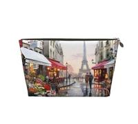 Grande trousse de toilette de voyage en cuir doré - Peinture à l'huile réutilisable Scène de rue de Paris Tour Eiffel Imprimée Portable Cosmétique Maquillage Organisateur Pochette avec fermeture