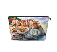 Grande trousse de toilette de voyage en cuir doré - Réutilisable - Imprimé paysage de Cinque Terre - Portable - Organiseur de maquillage avec fermeture éclair, doré, Taille unique
