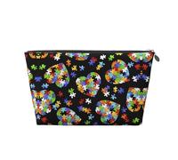 Grande trousse de toilette de voyage en cuir doré - Réutilisable pour la sensibilisation à l'autisme, pièces de puzzle, imprimé cœur, pochette de maquillage portable avec fermeture éclair, Argenté