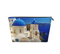 Grande trousse de toilette de voyage en cuir doré - Réutilisable - Santorin - Île grecque - Vue sur la mer - Pochette portable avec fermeture éclair, doré, Taille unique