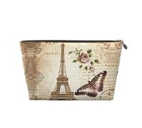 Grande trousse de toilette de voyage en cuir doré - Réutilisable Vintage Paris Tour Eiffel Papillon Imprimé Portable Cosmétique Maquillage Organisateur Pochette avec fermeture éclair, Argenté., Taille
