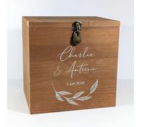 Grande urne personnalisée en Bois foncé avec Cadenas | 25 x 25 x 20 CM | Urne Mariage, PACS, Baby-Shower, Baptême, Communion, Anniversaire, Retraite | TE Whaka
