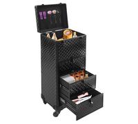 Grande valise de maquillage professionnelle à roulettes avec 3 tiroirs et verrouillable en aluminium - Mallette de maquillage portable avec poignée et poignée télescopique - Pour artistes de