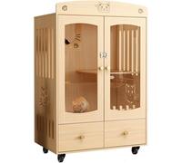 Grande villa en bois pour chat d'intérieur et d'extérieur avec roues, maison fermée multi-fonctions pour chats d'intérieur, design ventilé avec portes transparentes