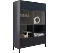 Grande vitrine en verre Wave Vitrine à poser avec 2 portes Porte en verre Armoire de salon Armoire de rangement Pieds métalliques Façades striées Couleur : Indigo