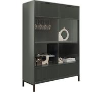 Grande vitrine en verre Wave Vitrine à poser avec 2 portes Porte en verre Armoire de salon Armoire de rangement Pieds métalliques Façades striées Couleur : Greenstone