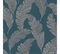Grandeco Vertical Art A62203 Tempo Feather Papier peint en vinyle soufflé Motif feuilles Bleu