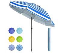 Grandekor Parasol de plage, parasol de jardin exterieur, UV50+, Ombrelle réglable en hauteur et inclinaison, Avec ancre de plage de 12cm, Pour plage, balcon & terrasse, 200cm, Rayure Bleue Blanche