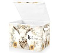 Grandes boîtes de rangement pliables en tissu avec couvercles 41,9 x 32 x 30 cm Il s'agit d'un panneau aquarelle circulaire « A Goat wearing a Daisy Corolla and The Text Is Welcome ». Boîtes de