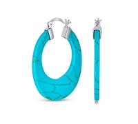 Grandes Boucles D'Oreilles Ovales En Pierres Bleues Turquoises Pour Femmes Ados En Argent Sterling .925 Plus De Couleurs 1.5 Pouces De Diamètre