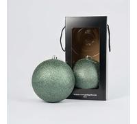 Grandes Boules de Noël Vert d'eau Pailletées 20 cm Giulia Grillo, Lot de 2 | Plastique incassable, capuchon et cordon montés, paillettes fixées, mains propres, boîte à fenêtre, décorations pour sapin