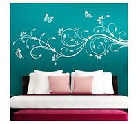 Grandora w1073 Sticker Mural XXL sarments de Fleurs et 3 Papillons - Blanc, (BxH) 90 x 39 cm