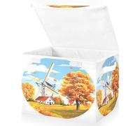 Grands bacs de rangement pliables en tissu avec couvercles 41,9 x 32 x 30 cm, illustrations pour enfants avec cadres circulaires dans la campagne automnale, grands moulins à vent avec boîtes de