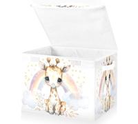 Grands bacs de rangement pliables en tissu avec couvercles, 41,9 x 32 x 30 cm, jolie aquarelle, nouveau-né, girafe, arc-en-ciel, éclaboussure derrière la petite étoile dorée et les feuilles