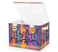 Grands bacs de rangement pliables en tissu avec couvercles, 41,9 x 32 x 30 cm, squelette dansant avec jack-o'-lanterne, amis dynamiques, confettis et rayures dans le Backgro Boîtes de