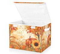 Grands bacs de rangement pliables en tissu avec couvercles, 41,9 x 32 x 30 cm, tournesols avec pétales dorés, citrouilles, oreilles de blé et feuilles d'automne
