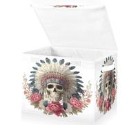 Grands bacs de rangement pliables en tissu avec couvercles, 41,9 x 32 x 30 cm, vue de face de la coiffe de chef indien sur le crâne dans le style de Marvel Comics avec boîtes de rangement pliables