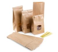 Grands sachets kraft avec fenêtre, 25 pièces: grand sac papier, pochette cadeau alimentaire pour thé, café, biscuits, épices, sachet avec clips dorés, 10 x 6,5 x 27,5 cm