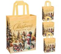 Grands sacs fourre-tout de Noël, 4 sacs réutilisables en tissu non tissé jaune, imprimés élan et bonhomme de neige, pour emballer et livrer vos cadeaux