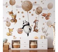Grands stickers muraux - Animaux sur ballons beige - Panda Cerf Renard Lapin Décoration murale pour chambre de garçon Anniversaire Fête prénatale Cadeau (XXL)