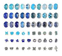 Grands trous Perles à enfiler, 60 pièces rondes Grandes perles de verre Set pour la fabrication de bijoux Charm bracelets DIY, perles à enfiler cadeaux pour les filles enfants amitié, bleu