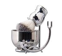 Grandslam 3 en 1 Set de Rasage, Kit de Rasage Barbier Comprenant un Blaireau de Rasage, un Bol de Rasage en Acier Inoxydable et Support Rasoir, Meilleur Cadeau pour père, mari (argenté)